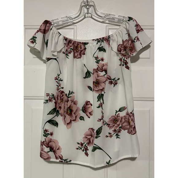 Shein Flower White & Pink Off The Shoulder Small (S)‎ (4) Blouse Short Sleeve - Picture 6 of 10